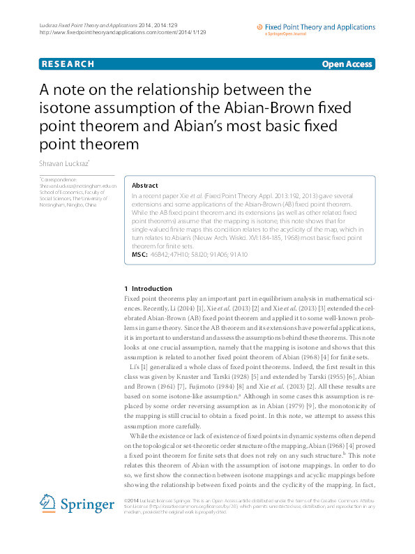 A note on the relationship between the isotone assumption of the Abian-Brown fixed point theorem and Abian’s most basic fixed point theorem Thumbnail
