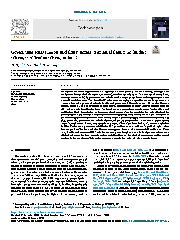 Government R&D support and firms’ access to external financing: funding effects, certification effects, or both? Thumbnail