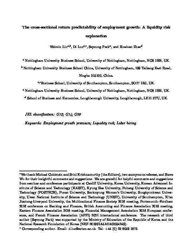 The cross‐sectional return predictability of employment growth: A liquidity risk explanation Thumbnail