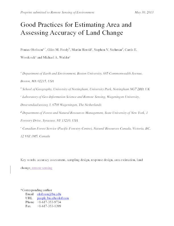 Good practices for estimating area and assessing accuracy of land change Thumbnail