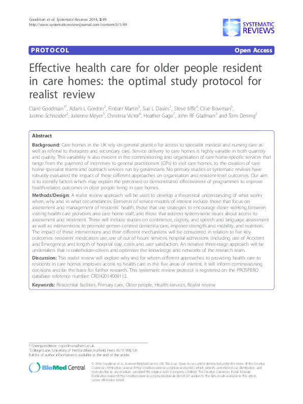 Effective health care for older people resident in care homes: the optimal study protocol for realist review Thumbnail