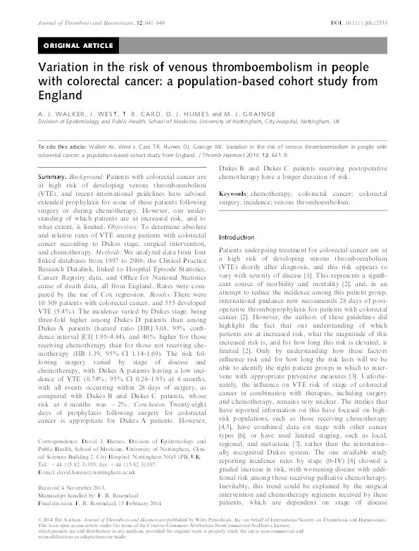 Variation in the risk of venous thromboembolism in people with colorectal cancer: a population-based cohort study from England Thumbnail