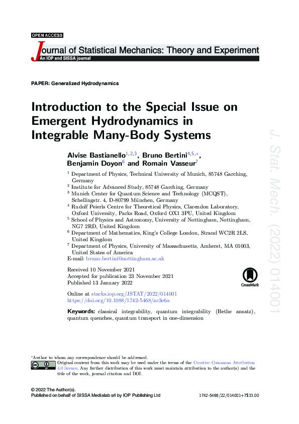 Introduction to the Special Issue on Emergent Hydrodynamics in Integrable Many-Body Systems Thumbnail