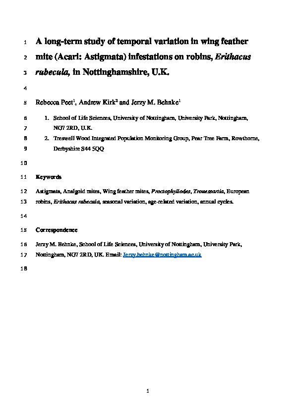 A long‐term study of temporal variation in wing feather mite (Acari: Astigmata) infestations on robins, Erithacus rubecula, in Nottinghamshire, UK Thumbnail