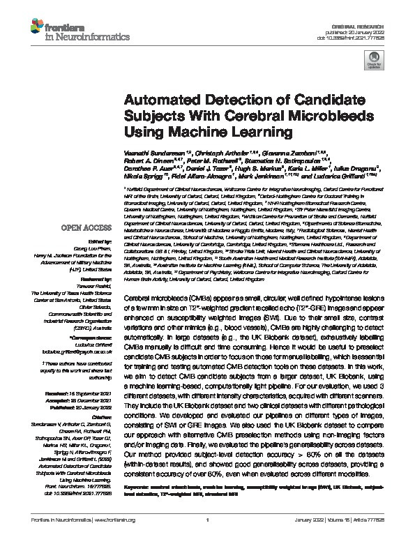 Automated Detection of Candidate Subjects With Cerebral Microbleeds Using Machine Learning Thumbnail
