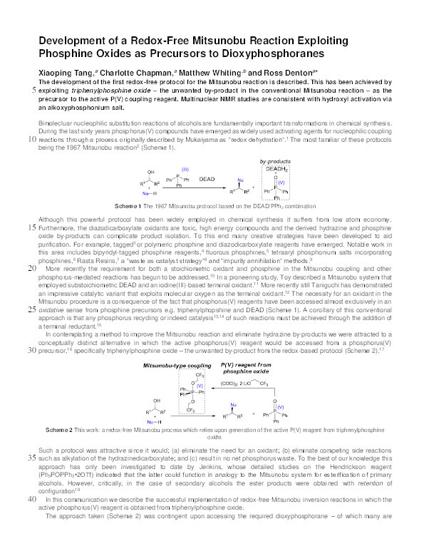 Development of a redox-free mitsunobu reaction exploiting phosphine oxides as precursors to dioxyphosphoranes Thumbnail
