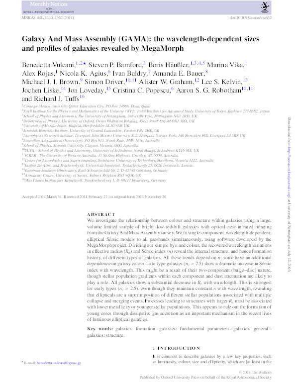 Galaxy And Mass Assembly (GAMA): the wavelength-dependent sizes and profiles of galaxies revealed by MegaMorph Thumbnail