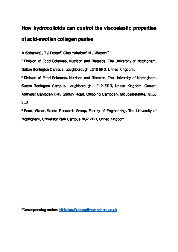 How hydrocolloids can control the viscoelastic properties of acid-swollen collagen pastes Thumbnail