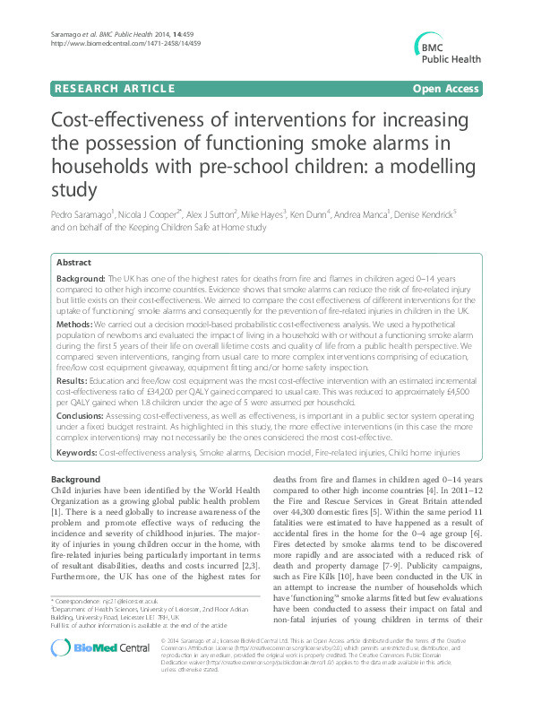 Cost-effectiveness of interventions for increasing the possession of functioning smoke alarms in households with pre-school children: a modelling study Thumbnail