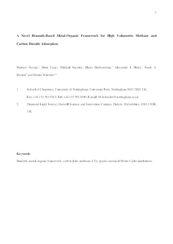 A Novel Bismuth-Based Metal-Organic Framework for High Volumetric Methane and Carbon Dioxide Adsorption Thumbnail
