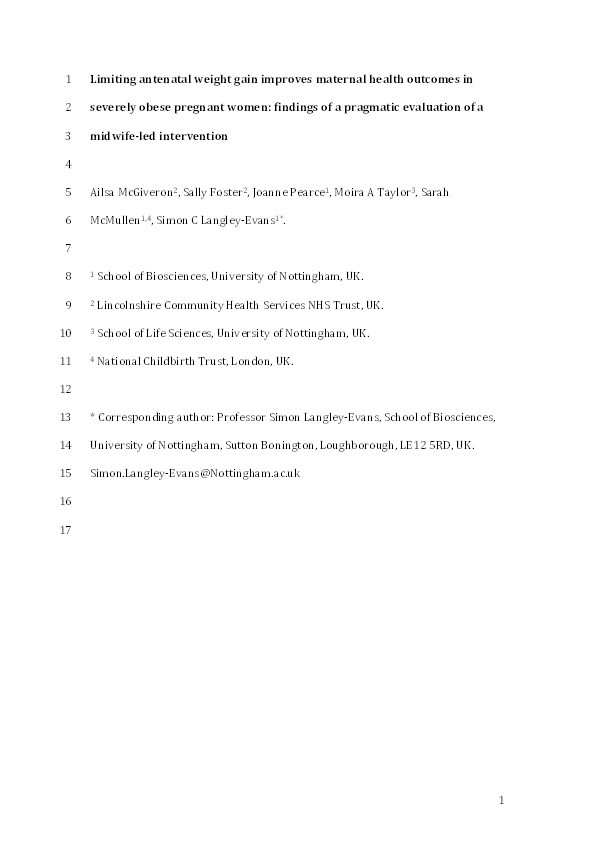 Limiting antenatal weight gain improves maternal health outcomes in severely obese pregnant women: findings of a pragmatic evaluation of a midwife-led intervention Thumbnail