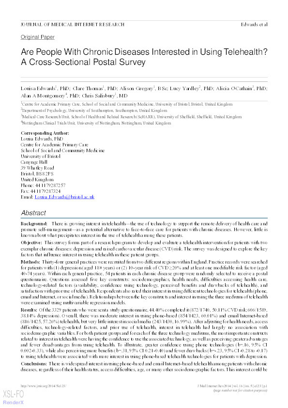 Are People With Chronic Diseases Interested in Using Telehealth? A Cross-Sectional Postal Survey Thumbnail