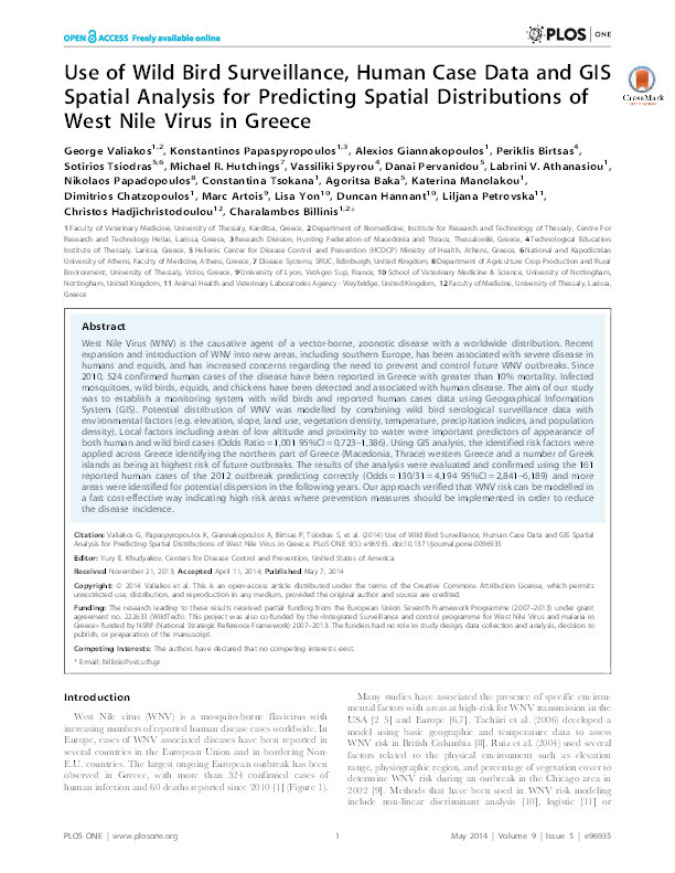 Use of wild bird surveillance, human case data and GIS spatial analysis for predicting spatial distributions of West Nile Virus in Greece Thumbnail