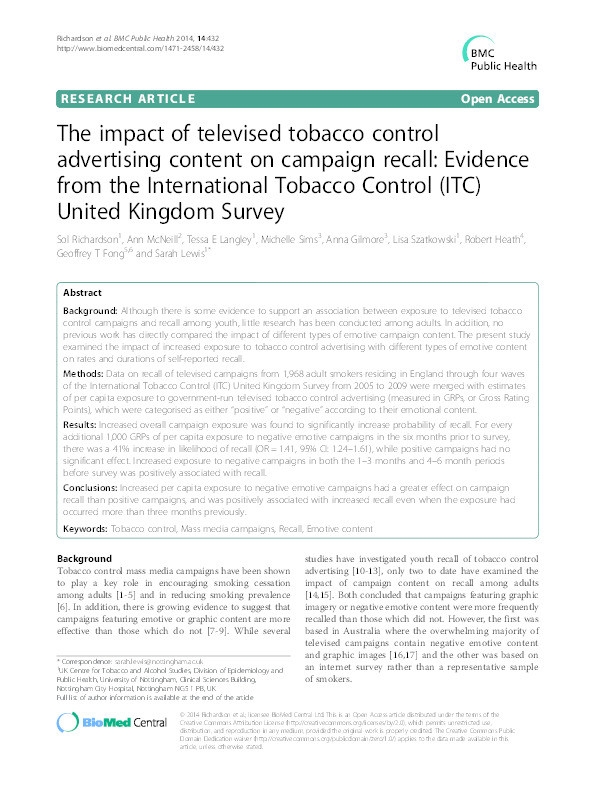 The impact of televised tobacco control advertising content on campaign recall: evidence from the International Tobacco Control (ITC) United Kingdom Survey Thumbnail