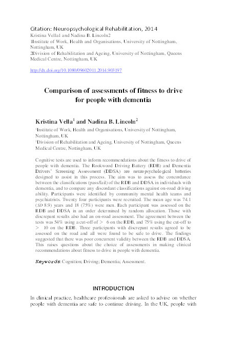 Comparison of assessments of fitness to drive for people with dementia Thumbnail