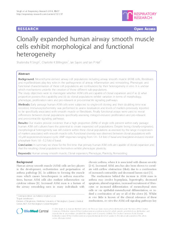 Clonally expanded human airway smooth muscle cells exhibit morphological and functional heterogeneity Thumbnail