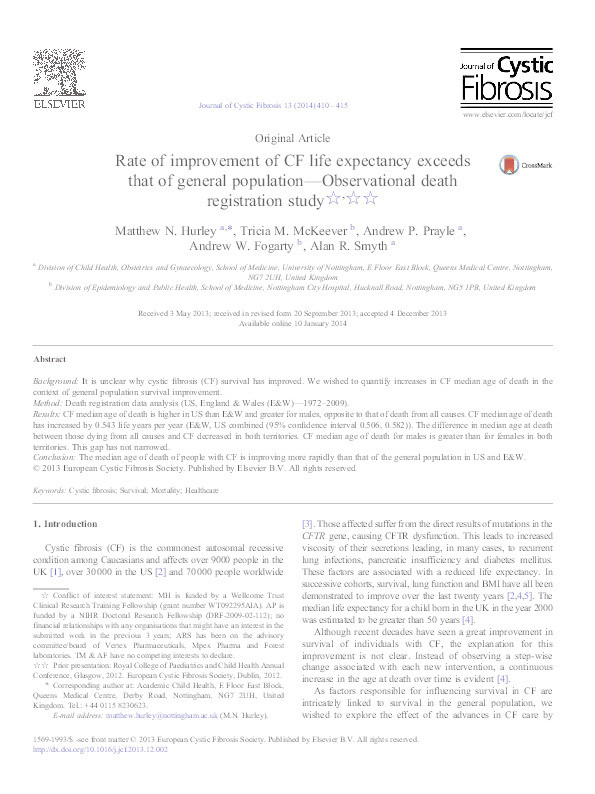 Rate of improvement of CF life expectancy exceeds that of general population: observational death registration study Thumbnail