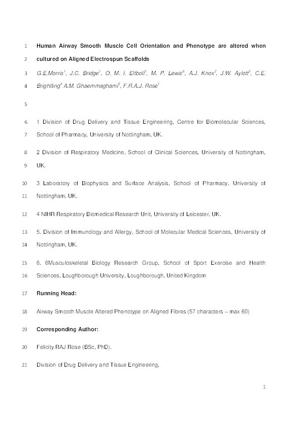 Human airway smooth muscle maintain in situ cell orientation and phenotype when cultured on aligned electrospun scaffolds Thumbnail