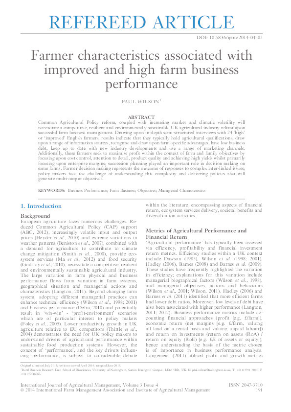 Farmer characteristics associated with improved and high farm business performance Thumbnail