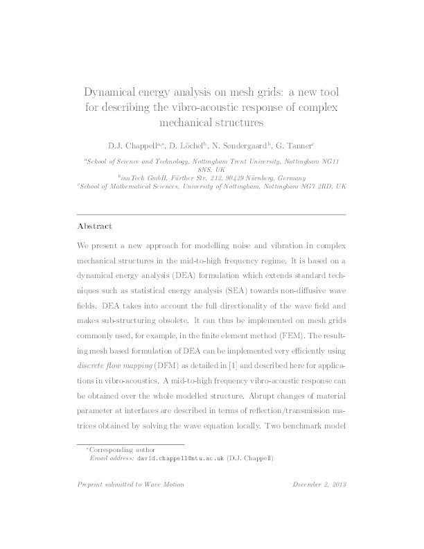 Dynamical energy analysis on mesh grids: a new tool for describing the vibro-acoustic response of complex mechanical structures Thumbnail