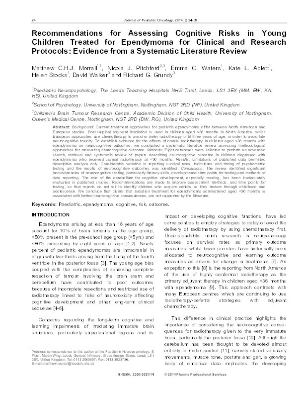 Recommendations for assessing cognitive risks in young children treated for ependymoma for clinical and research protocols: evidence from a systematic literature review Thumbnail