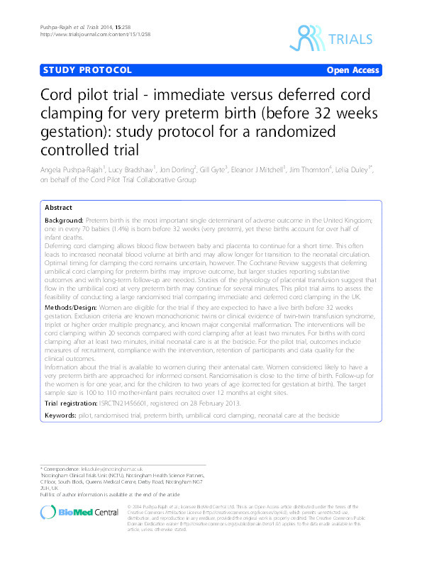 Cord pilot trial - immediate versus deferred cord clamping for very preterm birth (before 32 weeks gestation): study protocol for a randomized controlled trial Thumbnail