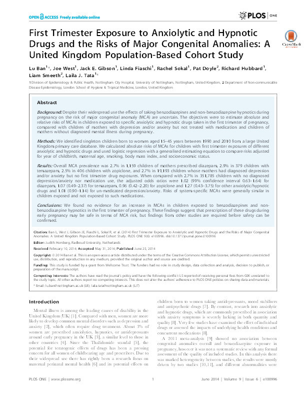 First trimester exposure to anxiolytic and hypnotic drugs and the risks of major congenital anomalies: a United Kingdom population-based cohort study Thumbnail