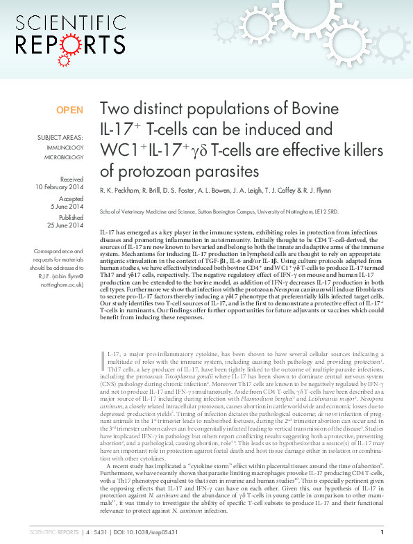 Two distinct populations of Bovine IL-17+ T-cells can be induced and WC1+IL-17+?? T-cells are effective killers of protozoan parasites Thumbnail