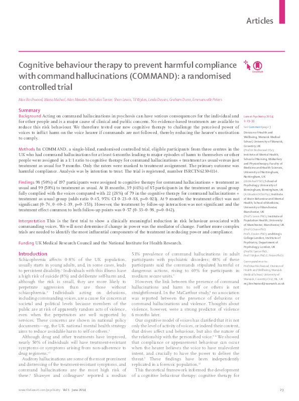 Cognitive behaviour therapy to prevent harmful compliance with command hallucinations (COMMAND): a randomised controlled trial Thumbnail