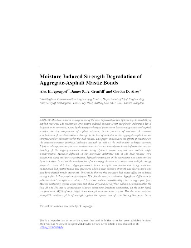 Moisture-induced strength degradation of aggregate-asphalt mastic bonds Thumbnail