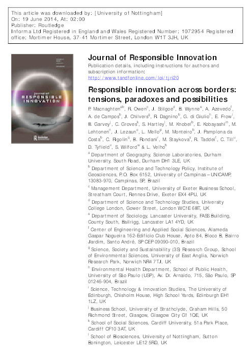 Responsible innovation across borders: tensions, paradoxes and possibilities Thumbnail