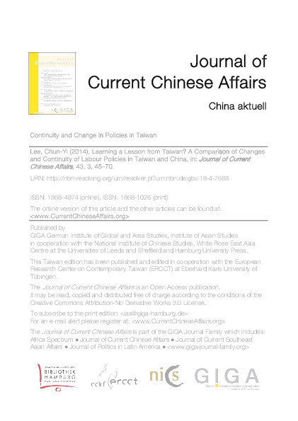 Learning a lesson from Taiwan? A comparison of changes and continuity of labour policies in Taiwan and China Thumbnail