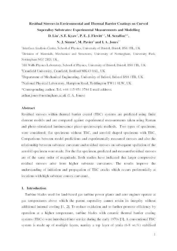 Residual stresses in environmental and thermal barrier coatings on curved superalloy substrates: experimental measurements and modelling Thumbnail