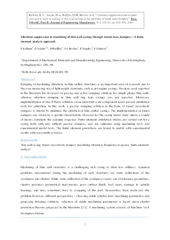 Vibration suppression and coupled interaction study in milling of thin wall casings in the presence of tuned mass dampers Thumbnail