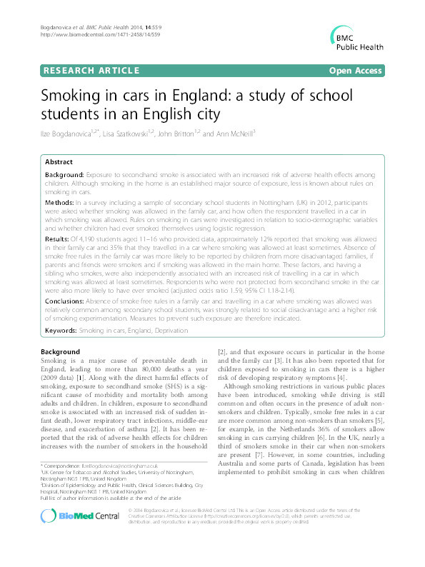 Smoking in cars in England: a study of school students in an English city Thumbnail