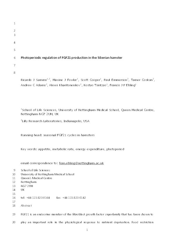 Photoperiodic regulation of FGF21 production in the Siberian hamster Thumbnail