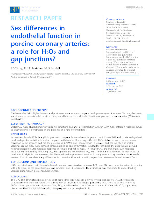 Sex differences in endothelial function in porcine coronary arteries: a role for H2O2and gap junctions? Thumbnail