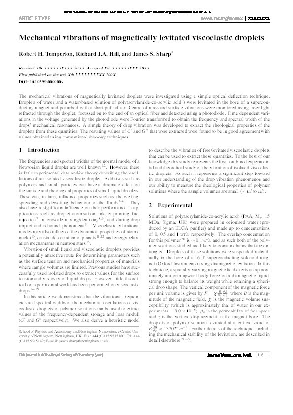 Mechanical vibrations of magnetically levitatedviscoelastic droplets Thumbnail