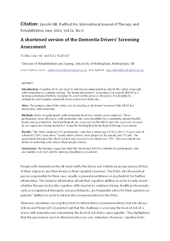 A shortened version of the Dementia Drivers’ Screening Assessment Thumbnail