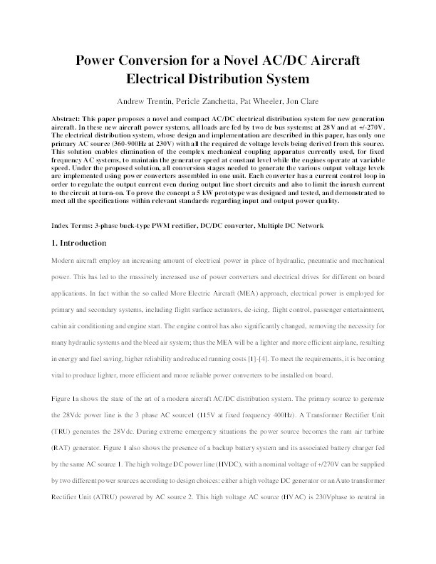 Power conversion for a novel AC/DC aircraft electrical distribution system Thumbnail