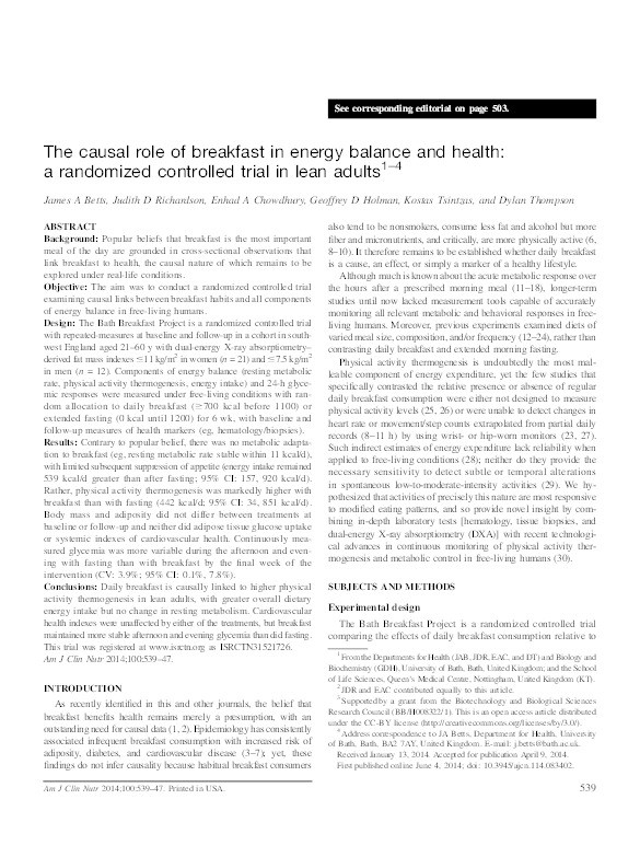 The causal role of breakfast in energy balance and health: a randomized controlled trial in lean adults Thumbnail