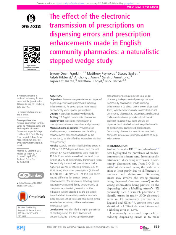 The effect of the electronic transmission of prescriptions on dispensing errors and prescription enhancements made in English community pharmacies: a naturalistic stepped wedge study Thumbnail