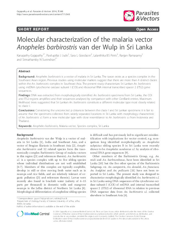 Molecular characterization of the malaria vector Anopheles barbirostris van der Wulp in Sri Lanka Thumbnail