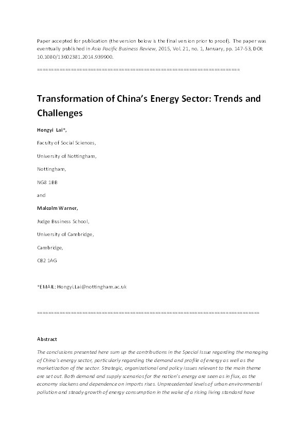 Transformation of China’s energy sector: trends and challenges Thumbnail