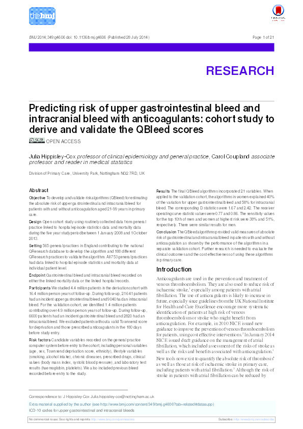Predicting risk of upper gastrointestinal bleed and intracranial bleed with anticoagulants: cohort study to derive and validate the QBleed scores Thumbnail