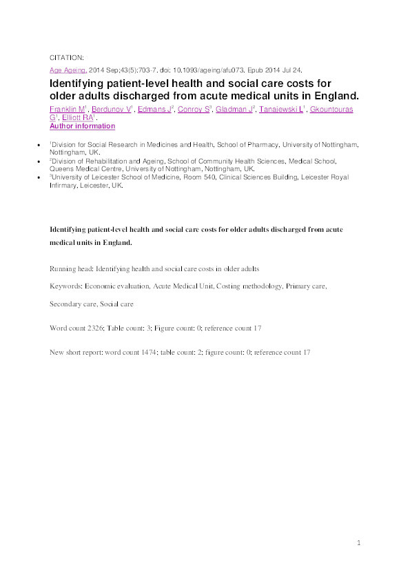 Identifying patient-level health and social care costs for older adults discharged from acute medical units in England Thumbnail