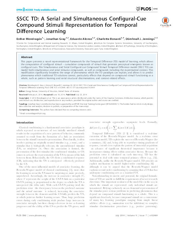 SSCC TD: a serial and simultaneous configural-cue compound stimuli representation for temporal difference learning Thumbnail