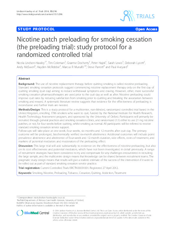 Nicotine patch preloading for smoking cessation (the preloading trial): study protocol for a randomized controlled trial Thumbnail