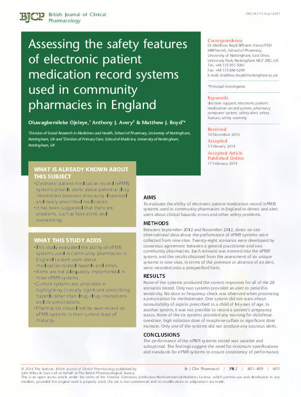 Assessing the safety features of electronic patient medication record systems used in community pharmacies in England Thumbnail