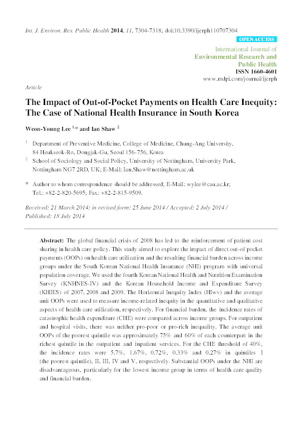 The impact of out of pocket payments on health care inequality: the case of national health insurance in South Korea Thumbnail
